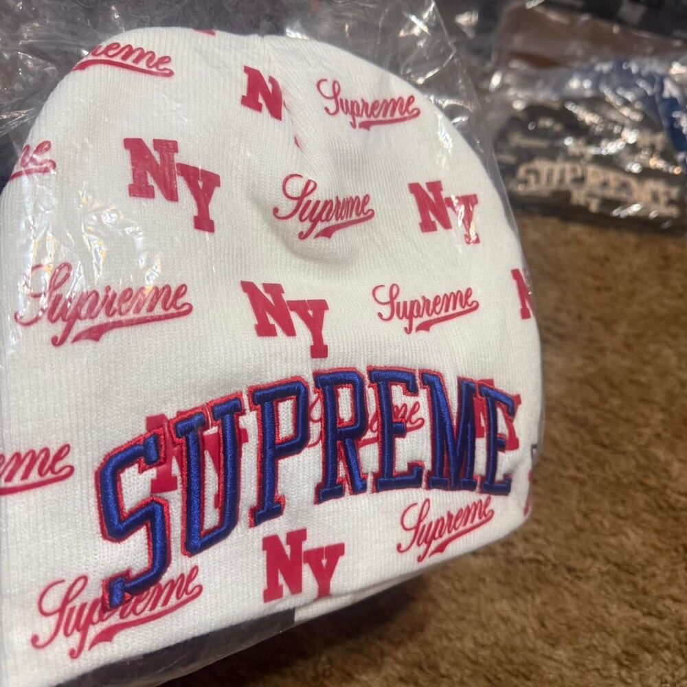 Supreme New Era Monogram Beanie White In Hand